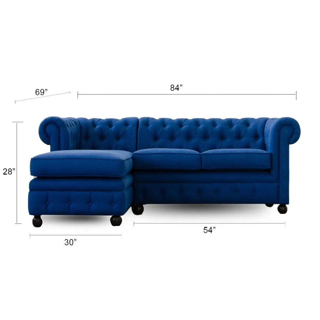 Sasha Solid Wood 3 Seater L Shape Fabric Chesterfield Sofa - Blue